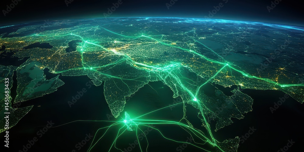 Poster Glowing Green Network Lines Across Earth in Dark Space Global Technology Concept, Abstract Communication Network with Data Connection on World Map, Innovation Infrastructure System