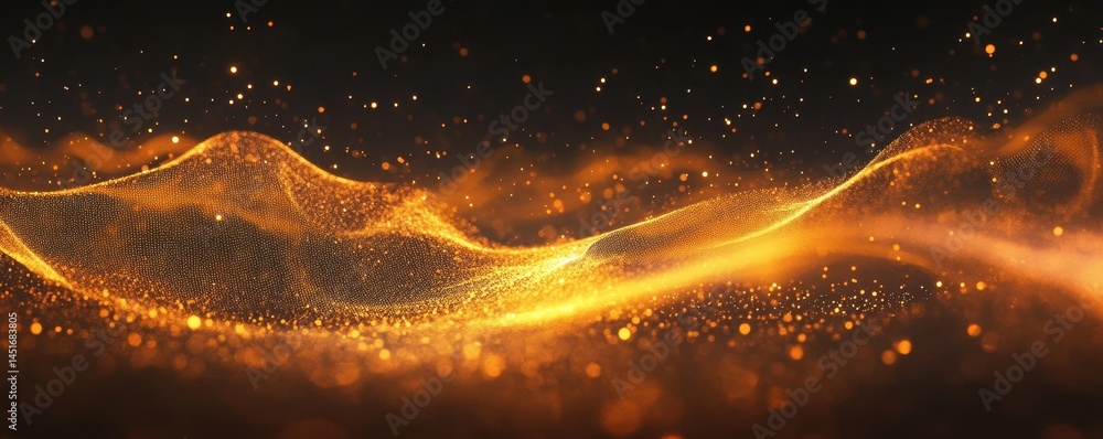 Aufkleber Golden Particle Wave with Sparkles on Dark Background Abstract Design with Light and Shadow Effects for Festive and Decorative Graphic Design Render