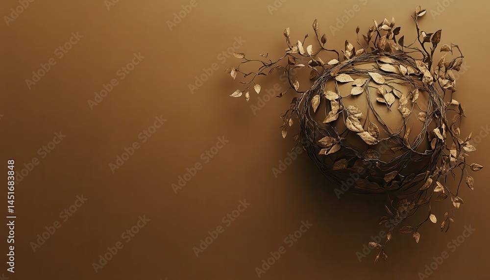 Poster golden sphere with decorative metallic leaves on brown background in a minimalist style with fine de