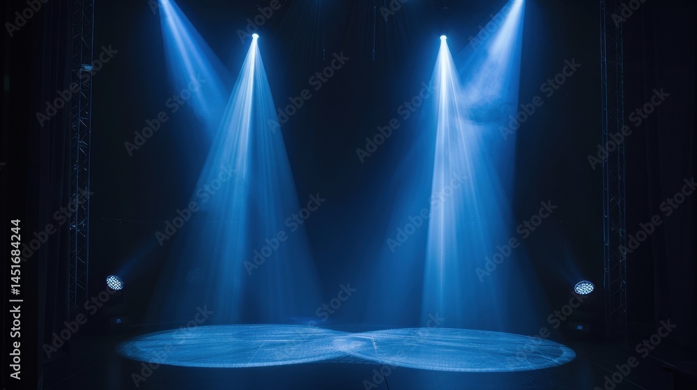 Poster Illuminated Stage with Blue Spotlights Creating Dramatic Effect for Performance and Entertainment in Dark Interior