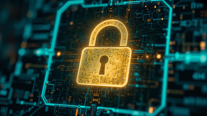 A vibrant, glowing gold padlock icon, composed of small light dots, is prominently displayed on a dark, complex circuit board.