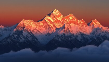 Majestic mountain range bathed in golden sunset light. Snowy peaks pierce the clouds