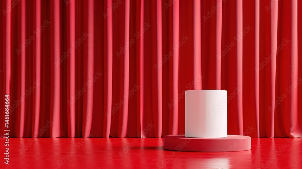 Aufkleber minimalist product stage featuring white cylinder on red platform with red curtain backdrop in studi