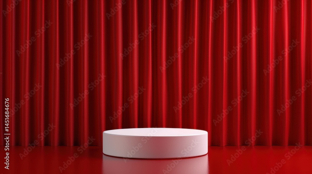 Aufkleber minimalist white podium on reflective surface before red curtain backdrop in a studio setting for pr