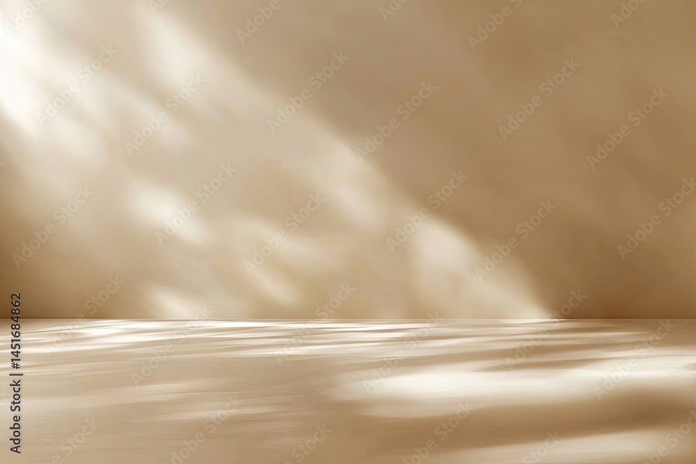 Poster light rays create a natural soft abstract pattern on a sandy beige wall and floor