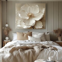 White flower canvas art above bedroom bed