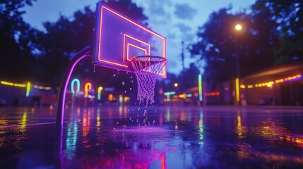Neon-lit basketball hoop at night, water droplets, vibrant colors, urban setting