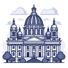 Majestic cathedral in line art style, vector graphics. Architectural sketch of a historic temple with a dome. Monochrome icon of a famous landmark for tourism and travel design, isolated element.