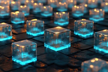 Translucent blue cubes on dark surface