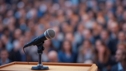 A microphone sits on a podium, ready for use, in front of a blurred, out-of-focus audience.