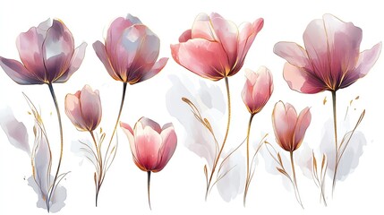 Obraz premium Pink Watercolor Tulips Gold Accents