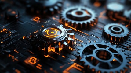 Intricate gears and circuit board technology illustration.