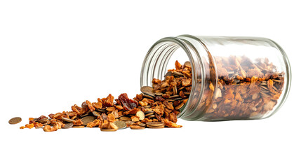 Glass jar overflowing with coins and dried fruit spilling onto black background