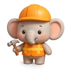 Fototapeta premium Cute Elephant in Construction Gear Smiling and Holding a Hammer