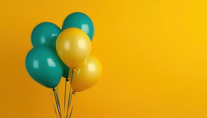 Teal and gold balloons against a vibrant yellow background.  A cluster of five balloons, teal and gold, are tied together by thin strings against a bright, solid yellow backdrop.
