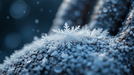 A captivating close-up shot of a delicate snowflake resting on a surface covered with frost.