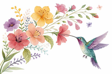 With a cheerful and bright composition, a hummingbird flies near a cluster of colorful flowers in a decorative illustration