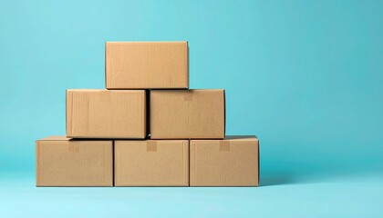Delivery action stacked cardboard boxes in studio setting on blue background product photography minimalist design