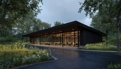 Modern modular building nestled within a serene natural setting.