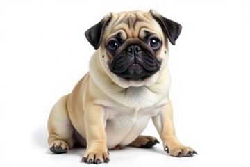 Obraz premium Adorable pug dog sitting, isolated on white background, dog breeds, puppy