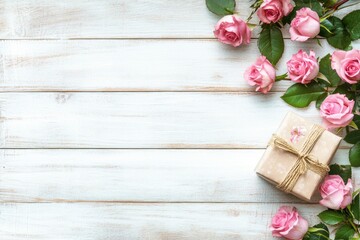 Pink Roses and Gift Box on White Wood