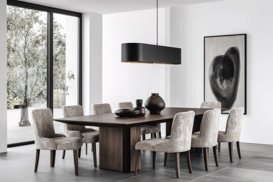 Modern dining room with large, dark-wood table, upholstered chairs, and a sleek, black pendant light.  Exterior view through large windows
