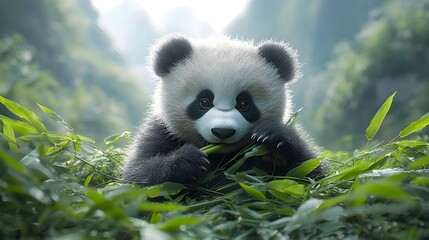 Fototapeta premium A tranquil portrait of a panda munching on bamboo