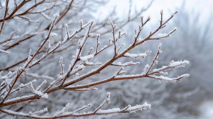 Obraz premium A close-up of a frozen tree branch reveals intricate ice crystals coating the delicate twigs, the cold winter air turning each detail into a beautiful, frosty sculpture. 