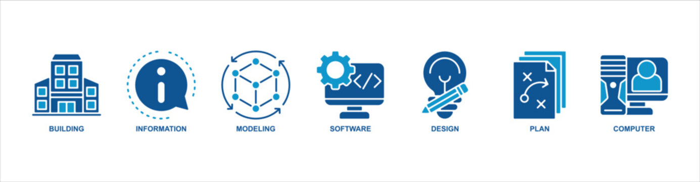 BIM banner web icon sheet vector illustration concept with icon of building, information, modeling, software, design, plan, computer