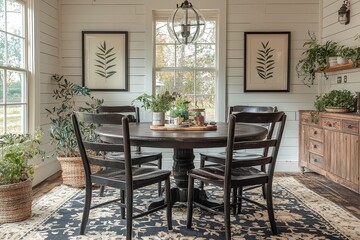 Dining room with white shiplap walls, black and cream patterned rug, dark wood round table, chairs, botanical prints, and potted plants on sideboard.