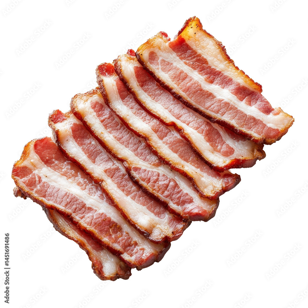 Poster freshly sliced bacon arranged neatly on a clean transparent background for culinary presentation or 