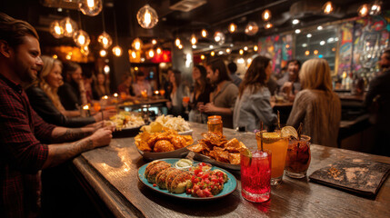 Fototapeta premium Cinco de Mayo Bar Party with Food, Drinks, and People Celebrating in the Background