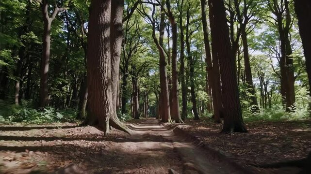 Serene forest pathway walkthrough with sunlit tree shadows in a verdant wood