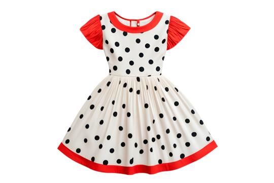 Cream polka dot dress red accents pleated skirt short sleeves
