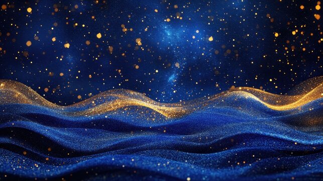 Golden particles float over textured blue waves under a star-filled sky. Great for luxury brands, holiday promotions, or elegant party invitations.