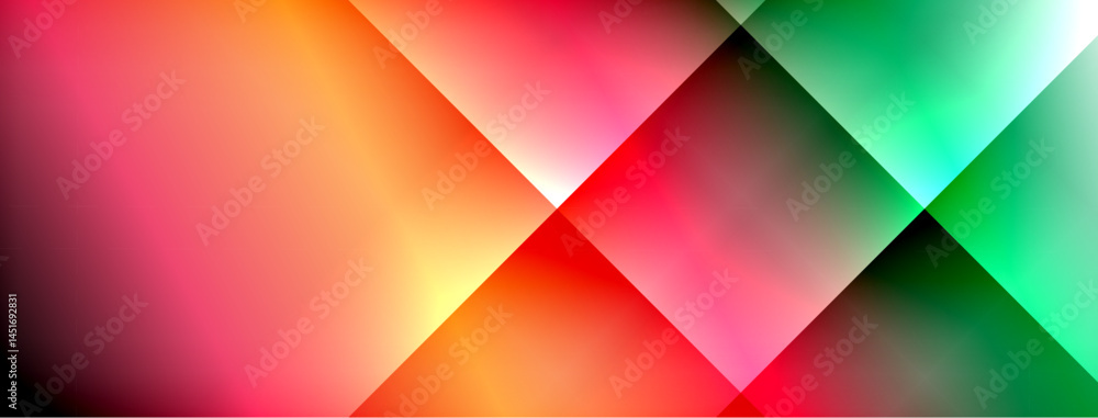Poster Abstract geometric shapes, vibrant colors blend. Triangles overlap creating dynamic visual effect. Smooth gradients dominate composition.