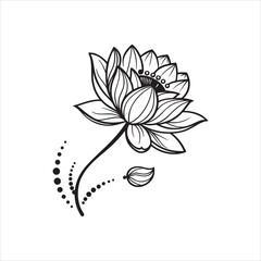 Lotus Flower Silhouette Clipart | Black Floral Outline on White Background