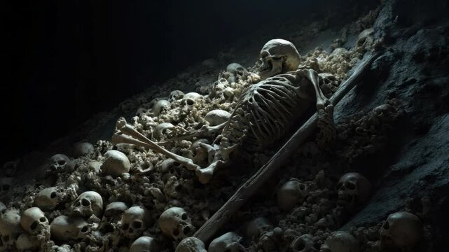 Dark Cave Scene with Skeletons and Human Remains Surrounded by Shadowy Atmosphere and Eerie Lighting