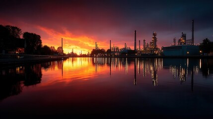 Fototapeta premium Dramatic sunset over industrial refinery reflecting on calm water