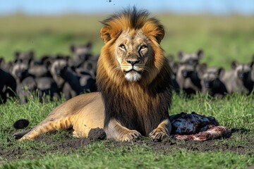 Obraz premium Majestic male lion guards his kill from a pack of hyenas in the African savanna. Use for illustrating wildlife, nature, predator-prey dynamics, and animal behavior.