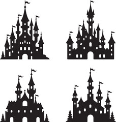 Obraz premium Black Castle Silhouettes Clipart – Fairytale, Medieval, Fantasy & Towered Castles Vector Set