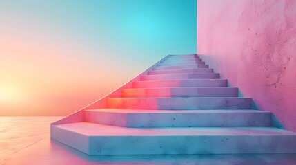 Fototapeta premium Ascending Steps to a Dreamscape: Concrete stairs ascend towards an inviting light, set against a vibrant, gradient sky, creating a sense of aspiration and endless possibility.