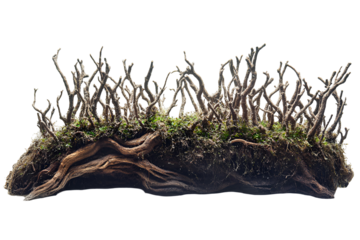 Mystical forest miniature on wood base delicate branches moss covered roots dark background