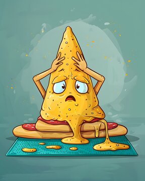 Naklejki Meltdown Meal: A whimsical, cartoonish depiction of a melting, distressed cheesy snack atop a base, embodying food's humorous struggles