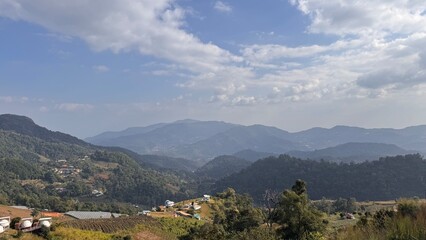 Fototapeta premium Serene Morning Mountain View at Mon Cham, Chiang Mai – Misty Peaks & Golden Sunrise