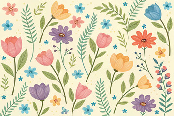 The image showcases a seamless floral pattern with simplified, slightly cartoonish illustrations of colorful flowers and green foliage on a light beige backdrop
