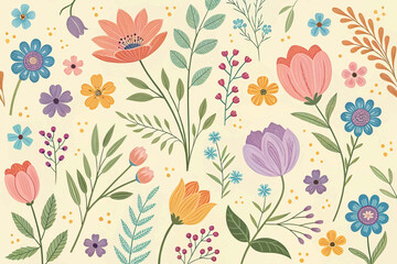 A cheerful repeating pattern on a light beige background features a diverse array of stylized flowers in pink, orange, yellow, purple, and blue with green leaves