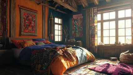 Rustic, vibrant bedroom with warm hues.  Decorative textiles and wooden beams create a cozy atmosphere
