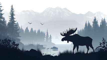 Moose Silhouette with Mountain Lake.