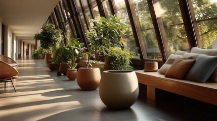 Peaceful modern corridor with potted plants in sunlit building